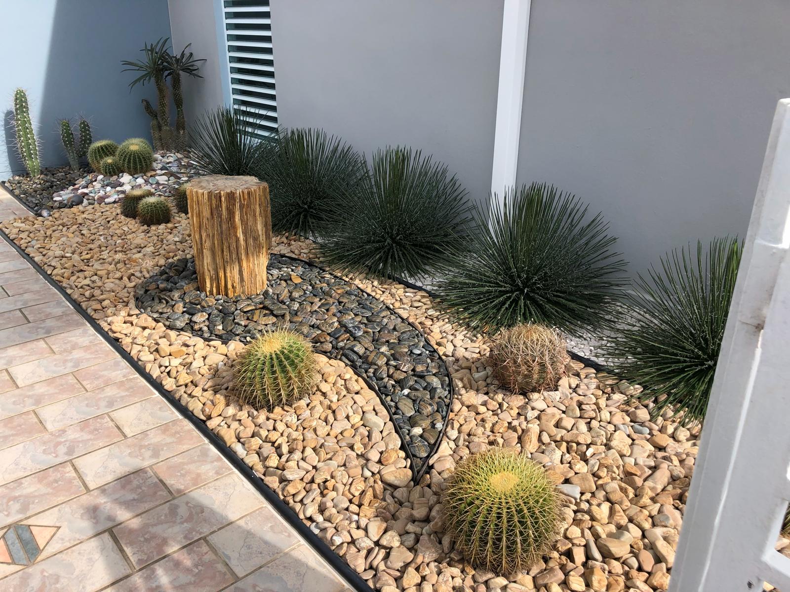 Jardín de cactus y piedra a lo largo de una pared exterior